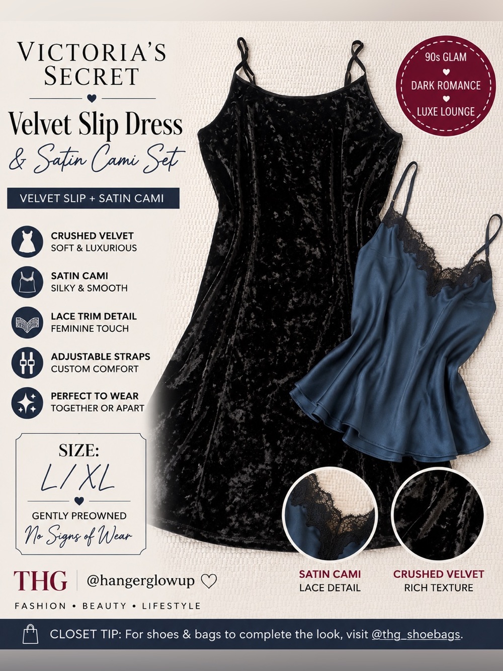 Victoria’s Secret Satin Cami & Velvet Slip Dress Lounge Set L/XL
